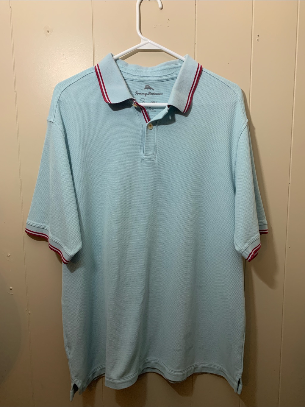 Mens Large Tommy Bahama Light Blue Polo With Maroon Contrast Trim